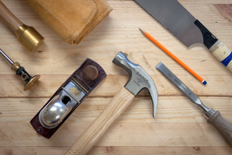 Selection of Wood Work hand Tools at benchspace- Hammer, Plane, Chisel, Japanese Saw, Scribe, Pencil