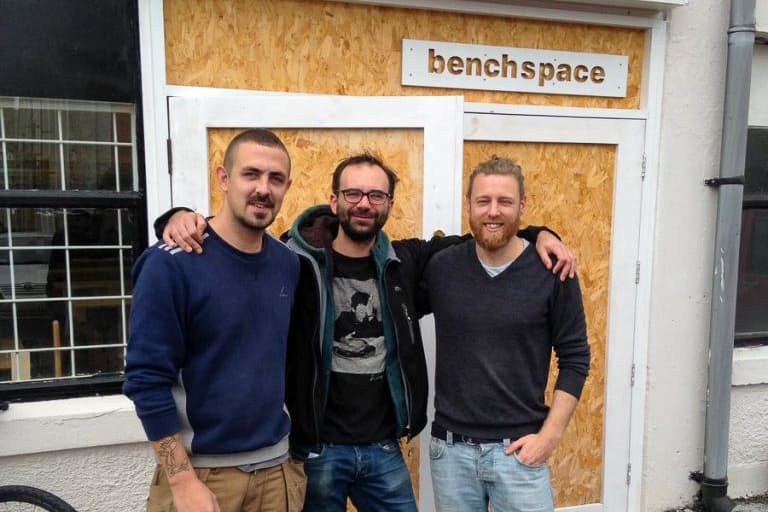 Furniture and instrument makers, Brian, Brendan and Peter, standing outside benchspace