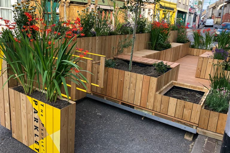 Peoples Parklet on Douglas Street Cork, with Seating, Bicycle racks & Pollinator Friendly Plants